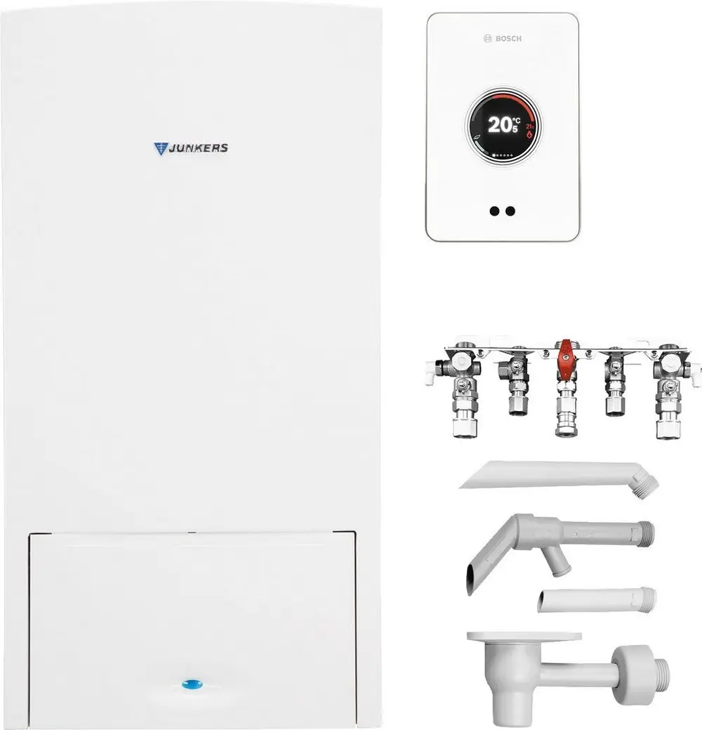 Weißer Gasheizkessel von Bosch mit einem Wandthermostat, Zubehörteilen und Verbindungsstücken zur Installation.